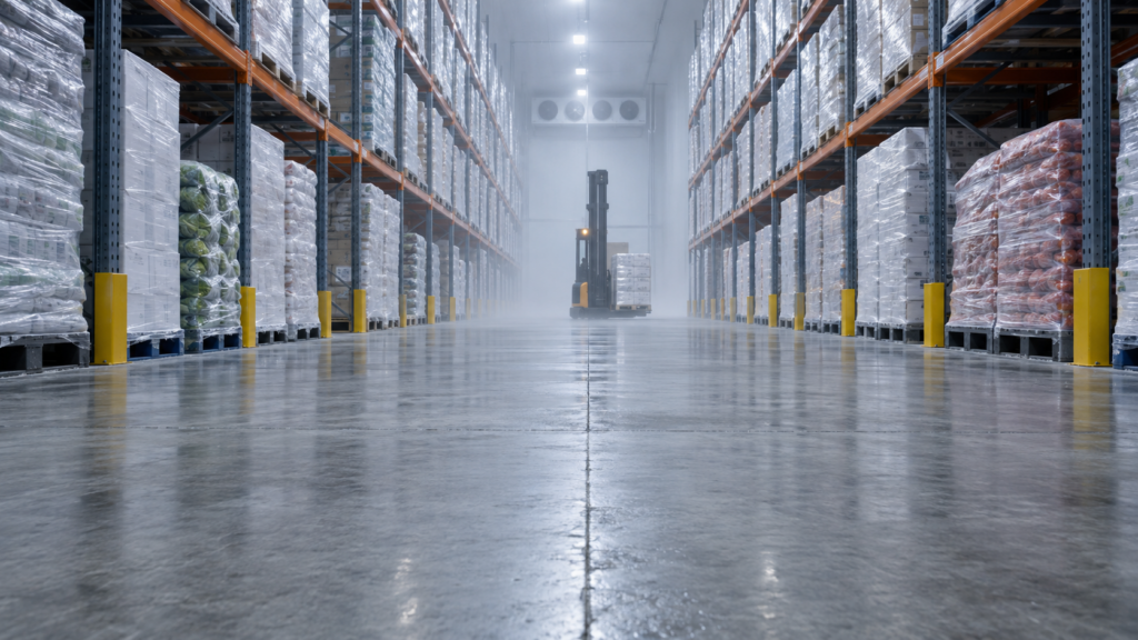 Cold-storage warehouse with industrial freezer floor