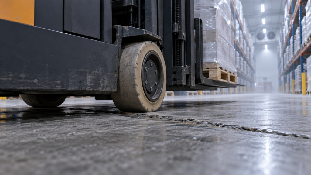 Forklift travelling over a damaged industrial concrete floor joint