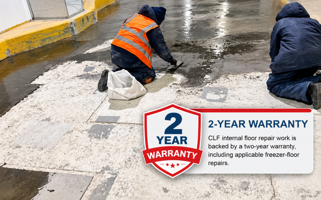 - CLF freezer floor repair backed by a two-year warranty