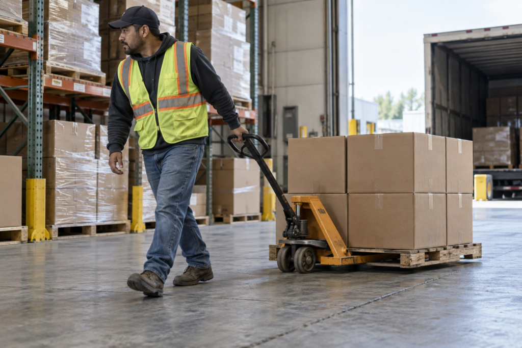 Warehouse worker pulling a pallet jack across an industrial concrete floor.