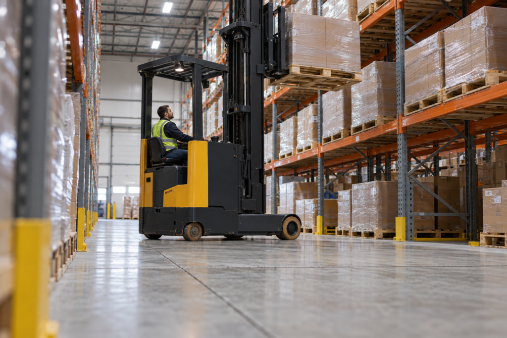 Operator driving a reach truck carrying a raised pallet alongside warehouse racking on an industrial concrete floor.