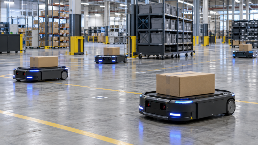 Autonomous mobile robots transporting parcels across a polished concrete floor in an automated warehouse.