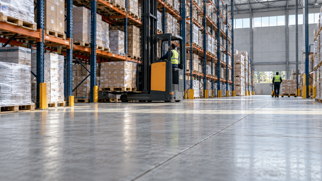 Reach truck and warehouse worker with a pallet jack operating on an industrial concrete floor between storage racks.